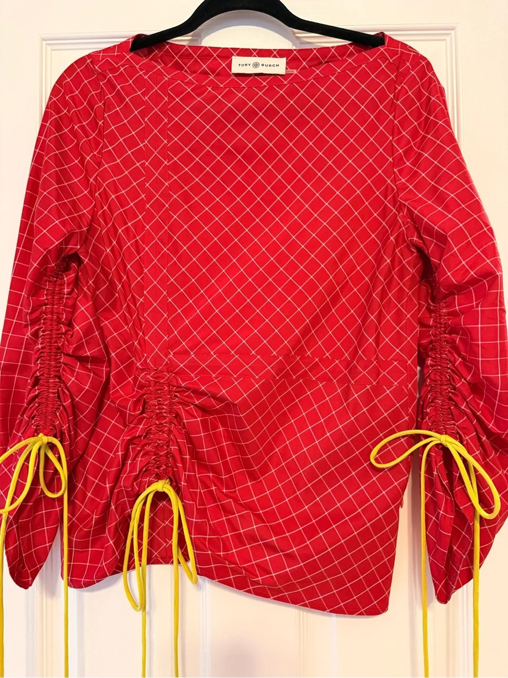 Tory Burch 100% Silk Red Windowpane Ruched Drawstring Blouse Size 4 long sleeve
